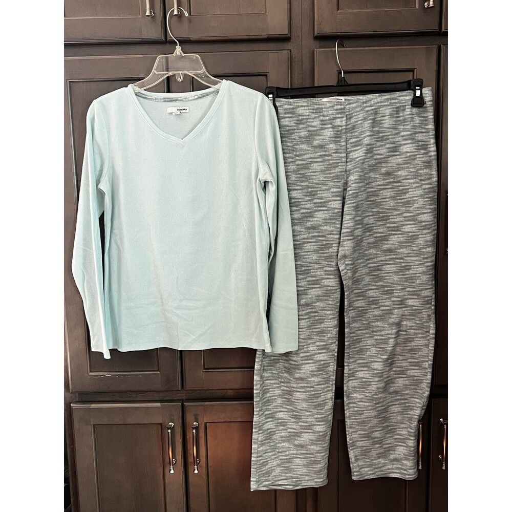 Sonoma Fleece Pajamas V Neck Top & Animal Print Bottoms Mint Green Women’s Small